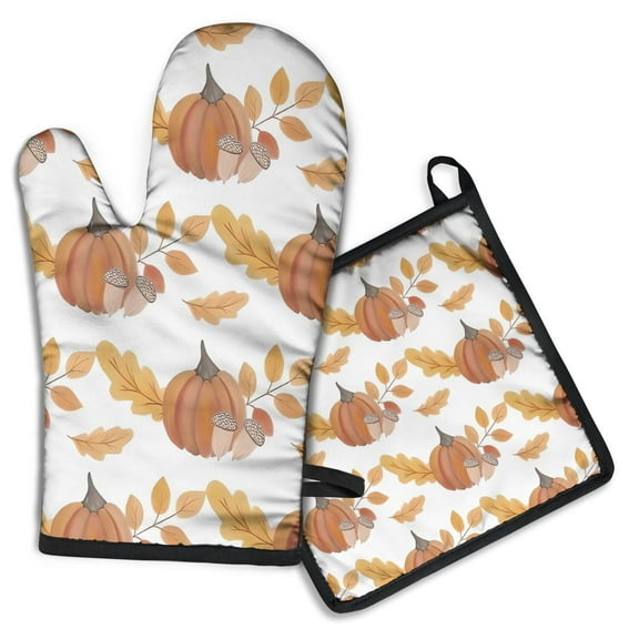 Fall Pumpkins Leaves Pattern Kitchen Oven Mitt and Pot Holder Sets 2 Pcs for Baking, Cooking and Grilling, Heat Resistant Up To 392 °F