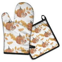Fall Pumpkins Leaves Pattern Kitchen Oven Mitt and Pot Holder Sets 2 Pcs for Baking, Cooking and Grilling, Heat Resistant Up To 392 °F