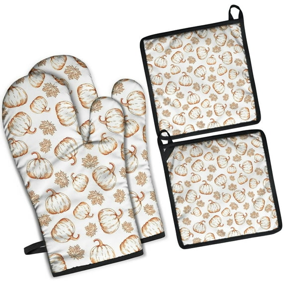 Fall Pumpkins Leaves Pattern Kitchen Oven Mitt and Pot Holder Sets 4 Pcs for Baking, Cooking and Grilling, Heat Resistant Up To 392 °F
