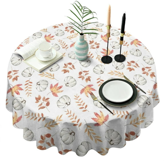 Fall Pumpkins Leaves Pattern Round Tablecloth 60" X 60",Wrinkle Wipeable Table Cloth for Kitchen Dining Room Picnic Patio Party