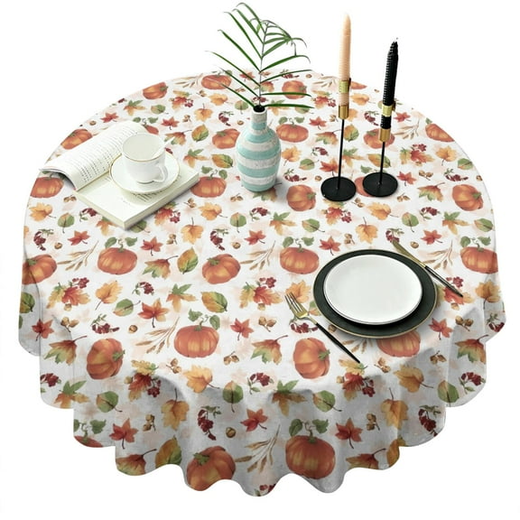 Fall Pumpkins Leaves Pattern Round Tablecloth 60" X 60",Wrinkle Wipeable Table Cloth for Kitchen Dining Room Picnic Patio Party