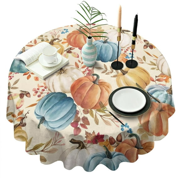 Fall Pumpkins Leaves Pattern Round Tablecloth 60" X 60",Wrinkle Wipeable Table Cloth for Kitchen Dining Room Picnic Patio Party