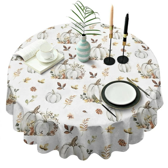 Fall Pumpkins Leaves Pattern Round Tablecloth 60" X 60",Wrinkle Wipeable Table Cloth for Kitchen Dining Room Picnic Patio Party