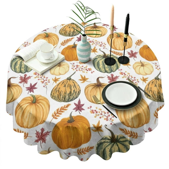 Fall Pumpkins Leaves Pattern Round Tablecloth 60" X 60",Wrinkle Wipeable Table Cloth for Kitchen Dining Room Picnic Patio Party