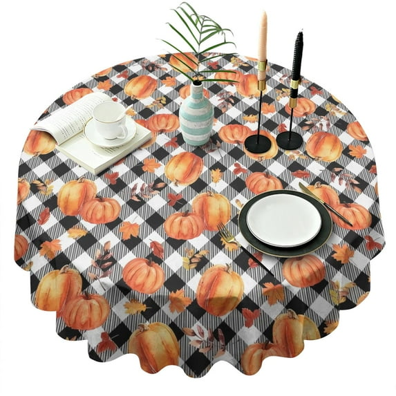 Fall Pumpkins Leaves Pattern Round Tablecloth 60" X 60",Wrinkle Wipeable Table Cloth for Kitchen Dining Room Picnic Patio Party