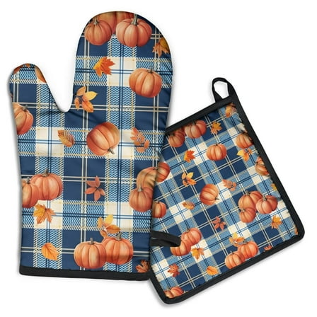 Fall Pumpkins and Leaves on Plaid Background Kitchen Oven Mitt and Pot Holder Sets 2 Pcs for Baking, Cooking and Grilling, Heat Resistant Up To 392 °F