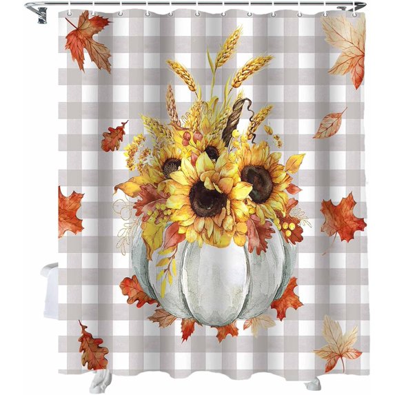Fall Pumpkins Leaves Shower Curtain, Thanksgiving Shower Curtains Set with Hooks, Rustic Farmhouse Gray Buffalo Plaid Waterproof Fabric Bathroom Decor Home Accessories,Stall 36 X 72 Inch