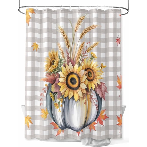 Fall Pumpkins Leaves Shower Curtain, Thanksgiving Shower Curtains Set with Hooks, Rustic Farmhouse Gray Buffalo Plaid Waterproof Fabric Bathroom Decor Home Accessories,Stall 36 X 72 Inch