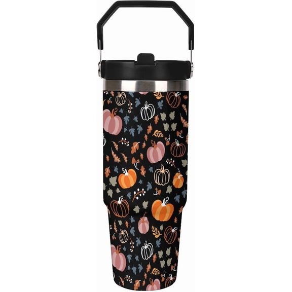 Fall Pumpkins Leaves Tumbler with Handle Flip Straw Thanksgiving 30oz Insulated Stainless Steel Cup Black Travel Coffee Mug Water Bottle for Women