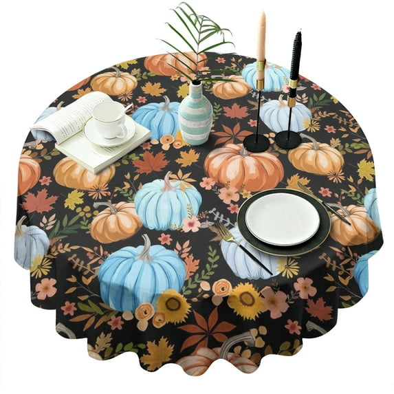 Fall Pumpkins Leaves and Flowers Pattern Round Tablecloth 60" X 60",Wrinkle Wipeable Table Cloth for Kitchen Dining Room Picnic Patio Party