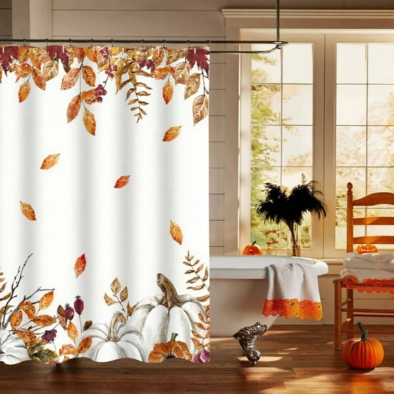 Fall Pumpkins Maple Leaf Shower Curtain, Autumn Leaves Harvest Thanksgiving Farmhouse Watercolor Seasonal Bathroom Curtain Sets, Waterproof Fabric Bathroom Decor