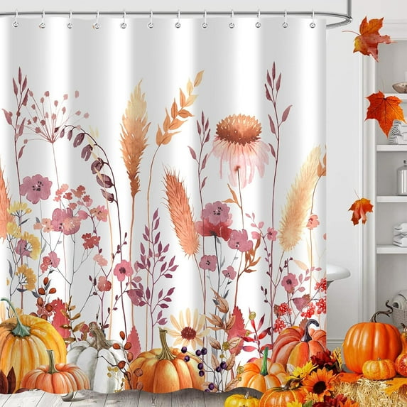 Fall Pumpkins Maple Leaf Shower Curtain, Autumn Leaves Harvest Thanksgiving Farmhouse Watercolor Seasonal Bathroom Curtain Sets, Waterproof Fabric Polyester with Hooks, 66x72 ''