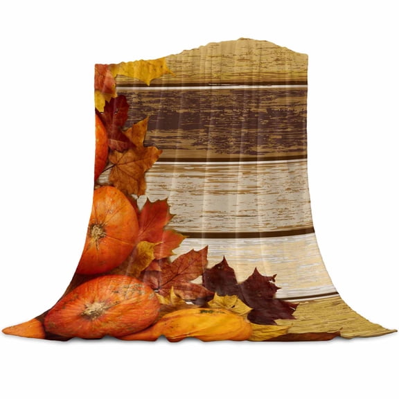 Fall Pumpkins Maple Leaves Brown Gradient Wood Grain Flannel Blanket for Bed,Travel and Camping, Super Soft Cozy Blanket for All Seasons 60"x80"
