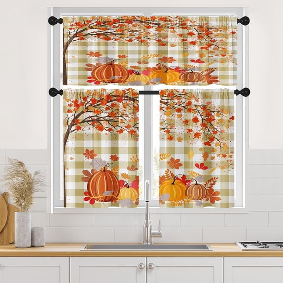 Fall Pumpkins Maple Leaves Kitchen Curtains Autumn Orange Buffalo Grid Window Curtains Valance and Tier Set 36 Inch Rod Pocket Short Tier Curtain for Room, Cafe Kitchen Decor