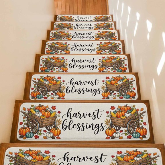 Fall Pumpkins Non-Slip Stair Treads for Wooden Steps, 4 Pack 8x30 Inches Carpet Stair Mats with Adhesive Backing, Noise-Reducing Step Covers for Indoor Stairs, Easy to Install & Residue-Free