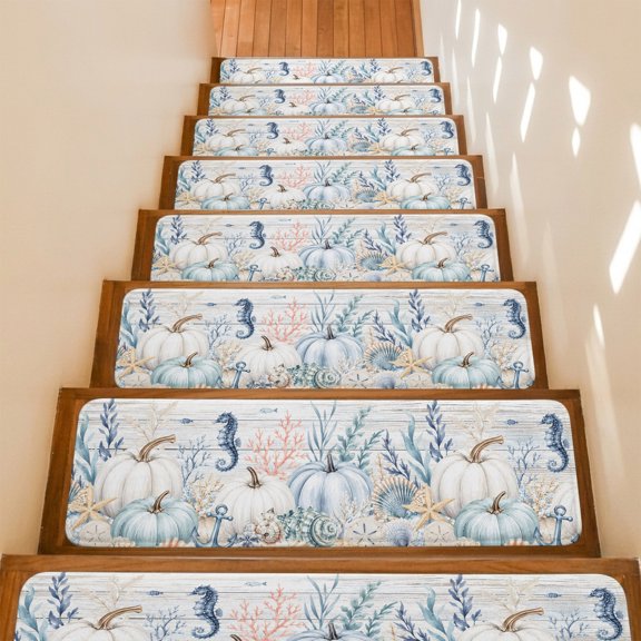 Fall Pumpkins Non-Slip Stair Treads for Wooden Steps, 4 Pack 8x30 Inches Carpet Stair Mats with Adhesive Backing, Noise-Reducing Step Covers for Indoor Stairs, Easy to Install & Residue-Free