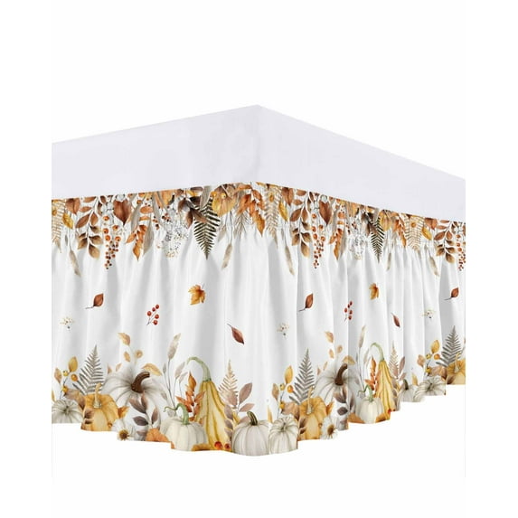 Fall Pumpkins Orange Bed Skirt Queen Size 16 Inch Drop, Thanksgiving Brown Maple Leaf Wrap Around Dust Ruffle Bedskirts, Wrinkle & Fade Resistant Easy Fit Bedskirt with Adjustable Elastic