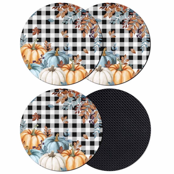 Fall Pumpkins Orange Blue Coasters Set of 4, Absorbent Coasters for Drinks, Thanksgiving Botanical Plaid Coaster for Desk Coffee Table Protection, Home Decor House Warming Gifts 4"