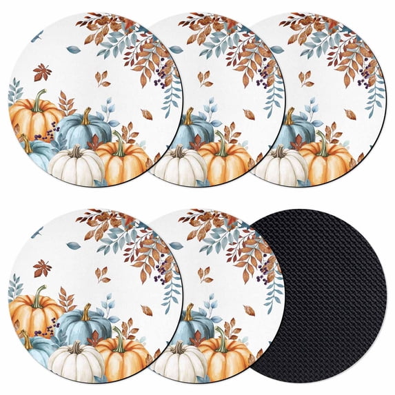 Fall Pumpkins Orange Blue Coasters Set of 6, Absorbent Coasters for Drinks, Thanksgiving Botanical Coaster for Desk Coffee Table Protection, Home Decor House Warming Gifts 4"