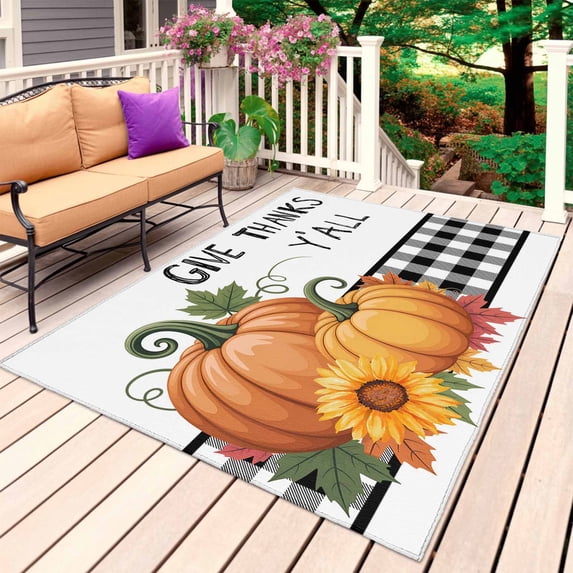 Fall Pumpkins Outdoor Rug 5x8 Ft, Non Slip Washable Area Rug, Thanksgiving Sunflower Maple Leaf Plaid Patio Rugs Carpet Runner, Large Floor Mat for Indoor/Outdoor Deck Porch Camping