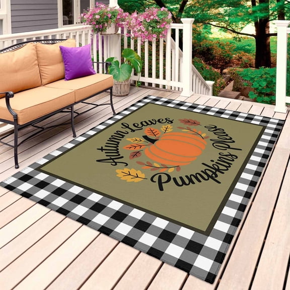Fall Pumpkins Outdoor Rug for Patio/Deck/Porch, Non-Slip Large Area Rug 3 x 5 Ft, Thanksgiving Autumn Leaves Rustic Checkered Indoor Outdoor Rugs Washable Area Rugs, Camping Rug Carpet Runner