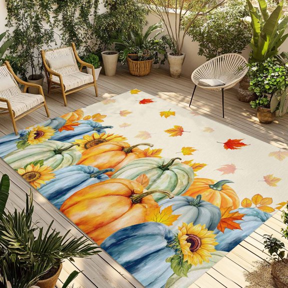 Fall Pumpkins Outdoor Rug for Patio/Deck/Porch, Non-Slip Large Area Rug 4 x 6 Ft, Thanksgiving Autumn Maple Leaves Orange Indoor Outdoor Rugs Washable Area Rugs, Reversible Camping Rug Carpet Runner