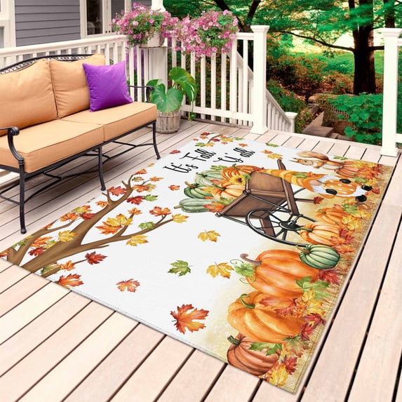 Fall Pumpkins Outdoor Rug for Patio/Deck/Porch, Non-Slip Large Area Rug 4 x 6 Ft, Thanksgiving Gnomes Autumn Maple Country Rustic Indoor Outdoor Rugs Washable Area Rugs, Camping Rug Carpet Runner