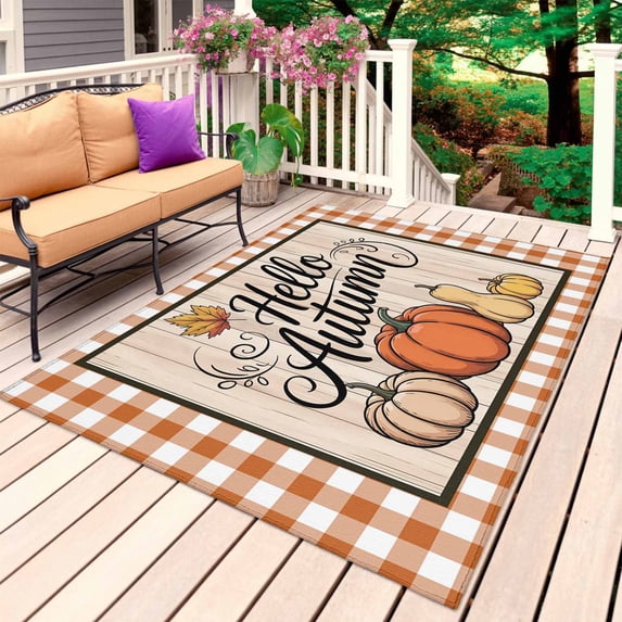 Fall Pumpkins Outdoor Rug for Patio/Deck/Porch, Non-Slip Large Area Rug 4 x 6 Ft, Thanksgiving Maple Orange Plaid Farm Wood Indoor Outdoor Rugs Washable Area Rugs, Camping Rug Carpet Runner