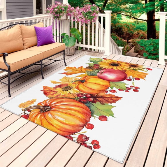 Fall Pumpkins Outdoor Rug for Patio/Deck/Porch, Non-Slip Large Area Rug 5 x 8 Ft, Thanksgiving Sunflowers Maple Country Fruit Indoor Outdoor Rugs Washable Area Rugs, Camping Rug Carpet Runner