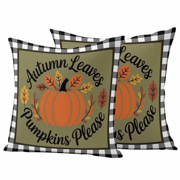 Fall Pumpkins Outdoor Waterproof Pillow Covers, Thanksgiving Autumn Leaves Rustic Checkered Decorative Square Throw Pillowcase Sofa Cushion Sham for Patio/Couch/Chair, 16"x16" 2 Pack