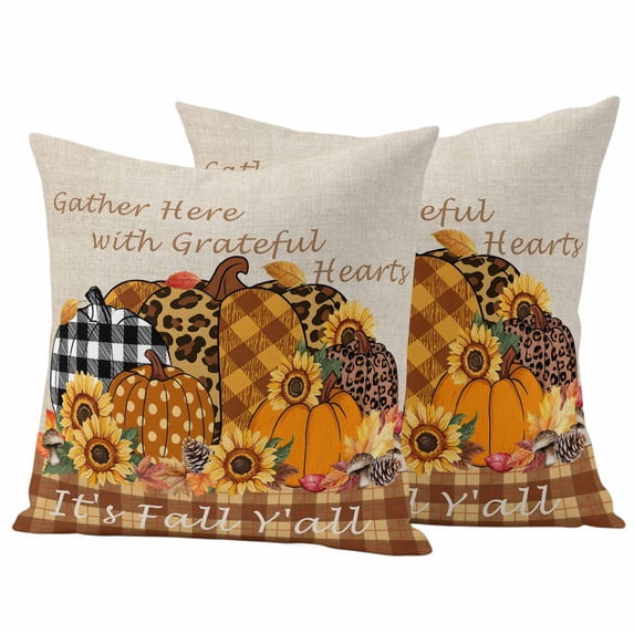 Fall Pumpkins Outdoor Waterproof Pillow Covers, Thanksgiving Autumn Sunflowers Vintage Plaid Decorative Square Throw Pillowcase Sofa Cushion Sham for Patio/Couch/Chair, 16"x16" 2 Pack
