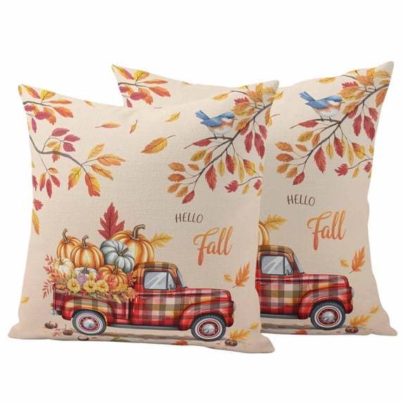 Fall Pumpkins Outdoor Waterproof Pillow Covers, Thannksgiving Truck Retro Leaves Rustic Decorative Square Throw Pillowcase Sofa Cushion Sham for Patio/Couch/Chair, 26"x26" 2 Pack