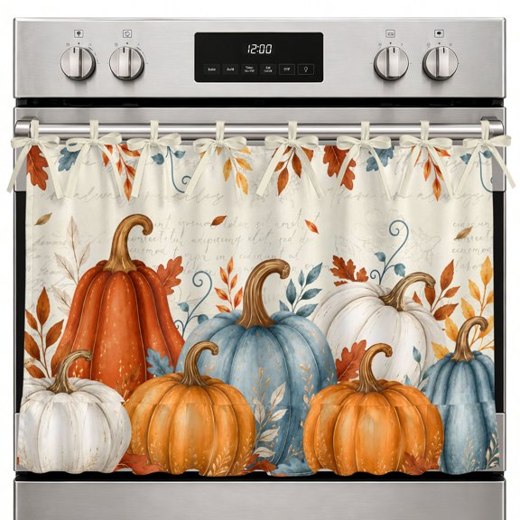 Fall Pumpkins Oven Curtain with Tie Top, Orange Blue Harvest Pumpkin Autumn Leaf Beige Oven Skirt Curtains with Tie Top Cabinet Cover Curtain for Small Kitchen Apartment Decor 27 x 20 Inches