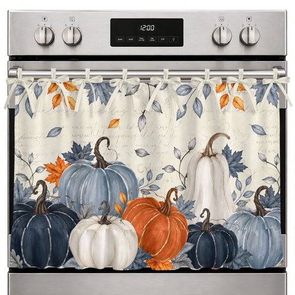 Fall Pumpkins Oven Curtain with Tie Top, Thanksgiving Harvest Orange Blue White Pumpkins Oven Skirt Curtains with Tie Top Cabinet Cover Curtain for Small Kitchen Apartment Decor 27 x 20 Inches