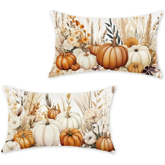 Fall Pumpkins Pillow Covers 12x20 Inch Set of 2 Pumpkin Floral Decorative Pillowcases Thanksgiving Autumn Seasonal Farmhouse Patio Outdoor Cushion Cases for Sofa Couch