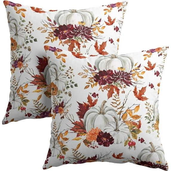 Fall Pumpkins Pillow Covers 18x18 inch Set of 2 White Pumpkin Maple Leaves Decorative Outdoor Throw Pillow Covers Famliy Decoration for Home Living Room Couch Sofa Bed, PCL-1