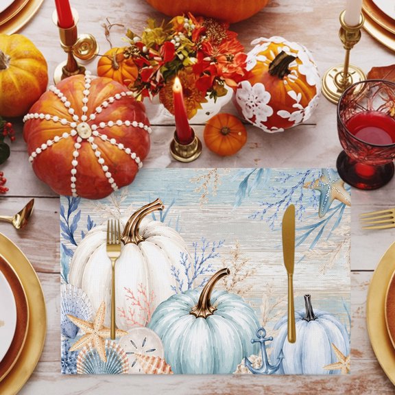 Fall Pumpkins Placemats Set of 1 Country Harvest Ocean Starfish Shell Coral Leaf Anchor Heat Insulation Washable Place Mats, Non-Slip Table Mats for Dining Table Party Kitchen Decor, 13x19 Inch