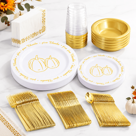 Fall Pumpkins Plastic Thanksgiving Disposable Dinnerware Set for 25 Guests