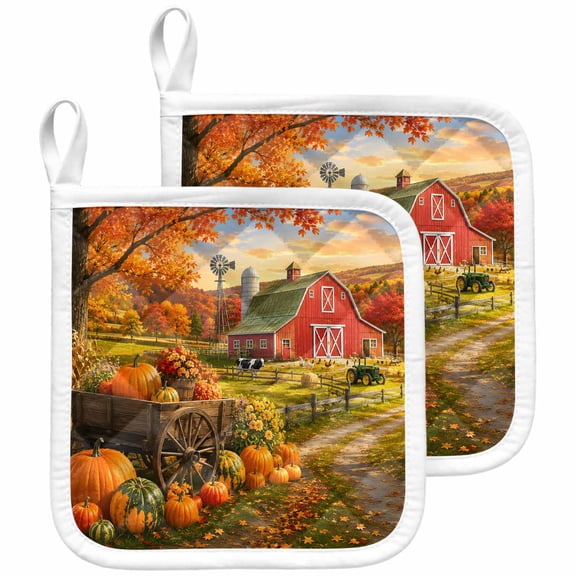 Fall Pumpkins Pot Holders for Kitchen Heatproof Potholder, 2 Pack Thanksgiving Farmhouse Harvest Maple Leaves Hot Pads Multipurpose Oven Pads Terry Cloth Potholders Trivet for Cooking and Baking
