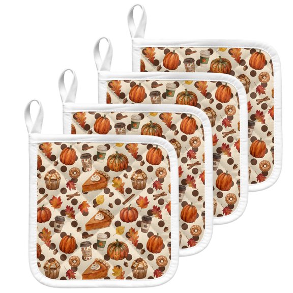 Fall Pumpkins Pot Holders for Kitchen Heatproof Potholder, 4 Pack Pie Food Thanksgiving Maple Leaves Hot Pads Multipurpose Oven Pads Terry Cloth Potholders Trivet for Cooking and Baking
