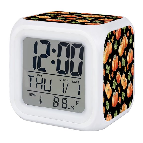 Fall Pumpkins Retro Digital Alarm Clock for Bedrooms, Smart LED Alarm Clock with 7 Color Changing Night Light, Thanksgiving Maple Leaves Rustic Black Silent Wake Up Clocks for Sleep Study Cooking