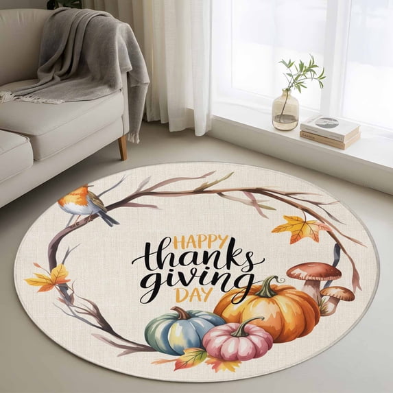 Fall Pumpkins Round Area Rug 3Ft Washable Small Circle Rugs for Kitchen Entryway, Thanksgiving Watercolor Branch Maple Leaf Non-Slip Carpet Floor Mats Indoor Outdoor Carpet Runner Home Decor