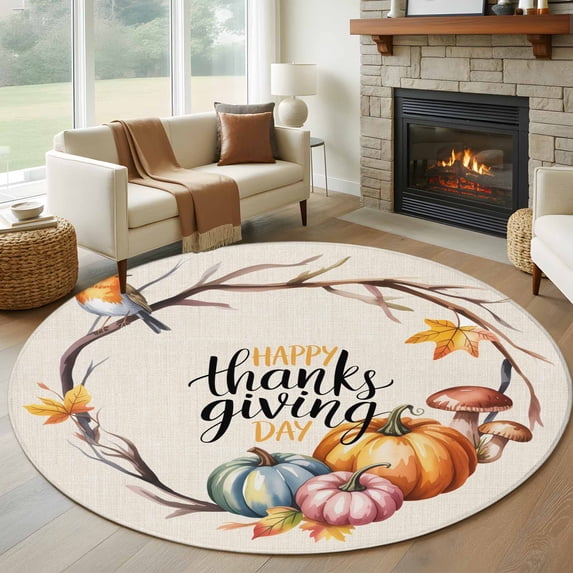 Fall Pumpkins Round Area Rug 7Ft Washable Circle Rugs for Dorm Laundry Room, Thanksgiving Watercolor Branch Maple Leaf Non-Slip Carpet Floor Mats Indoor Outdoor Carpet Runner Aesthetic Home Decor