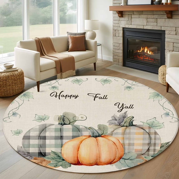 Fall Pumpkins Round Area Rug 8Ft Washable Large Circle Rugs for Living Room Dorm, Thanksgiving Vintage Maple Leaf Plant Non-Slip Carpet Floor Mats Indoor Outdoor Carpet Runner Aesthetic Home Decor
