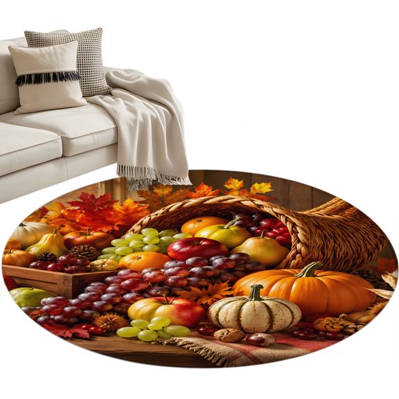 Fall Pumpkins Round Rug 3ft Washable Circle Entryway Rugs Non Slip Thanksgiving Harvest Country Fruits Maple Leaf Area Rug Indoor Floor Carpet for Bedroom Kitchen Living Room Office Dining Room