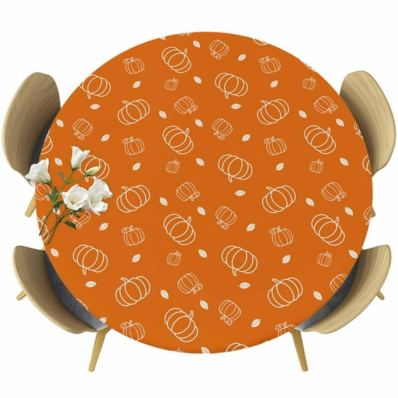 Fall Pumpkins Round Tablecloth 55-60 Inch Round Fitted Table Cloth with Elastic Edge, Thanksgiving Orange Maple Leaf Pastoral Waterproof Table Cover Protector for Outdoor Picnic Party Dining