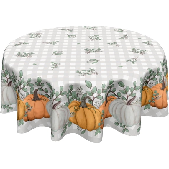 Fall Pumpkins Round Tablecloth 60 Inch Autumn Harvest Thanksgiving Orange White Pumpkins Buffalo Plaid Table Cloth Rustic Farmhouse Polyester Table Cover for Kitchen Dining Room Decor
