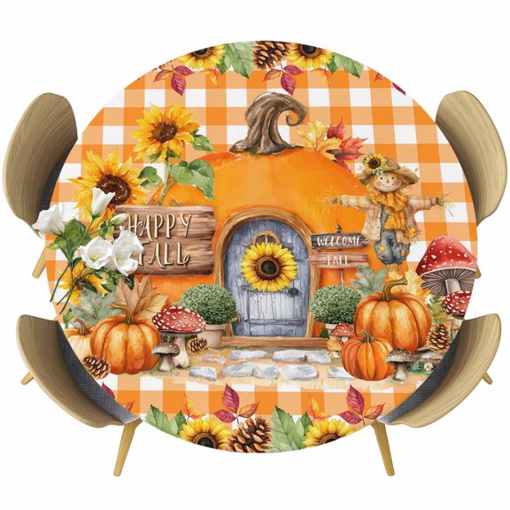 Fall Pumpkins Round Tablecloth, Fitted Table Cover with Elastic for 36"-44" Round Tables, Thanksgiving Sunflowers Rustic Orange Plaid Table Cloth Outdoor Indoor Dinning Party Waterproof Tablecloths