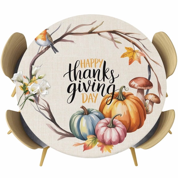 Fall Pumpkins Round Tablecloth, Fitted Table Cover with Elastic for 36"-44" Round Tables, Thanksgiving Watercolor Branch Maple Leaf Table Cloth Outdoor Indoor Dinning Party Waterproof Tablecloths