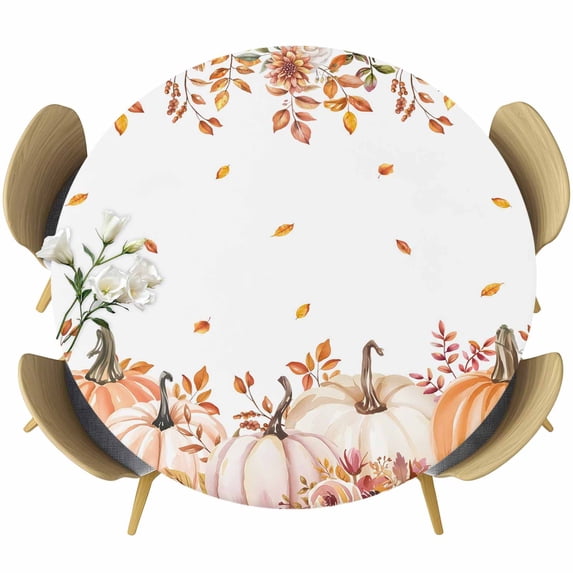 Fall Pumpkins Round Tablecloth, Fitted Table Cover with Elastic for 55"-60" Round Tables, Thanksgiving Autumn Wildflowers Rustic Leaves Table Cloth Outdoor Indoor Dinning Party Waterproof Tablecloths